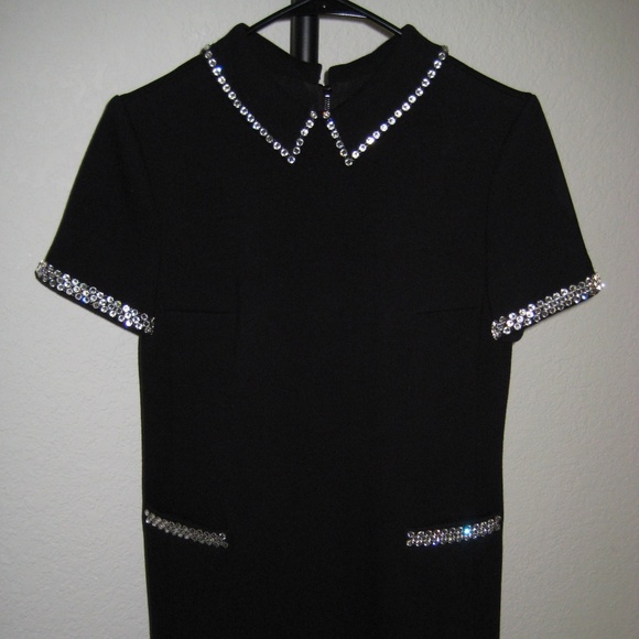 60s Style Black Wool Saint Laurent Mini Dress with Crystal Detail 36FR - Picture 2 of 9